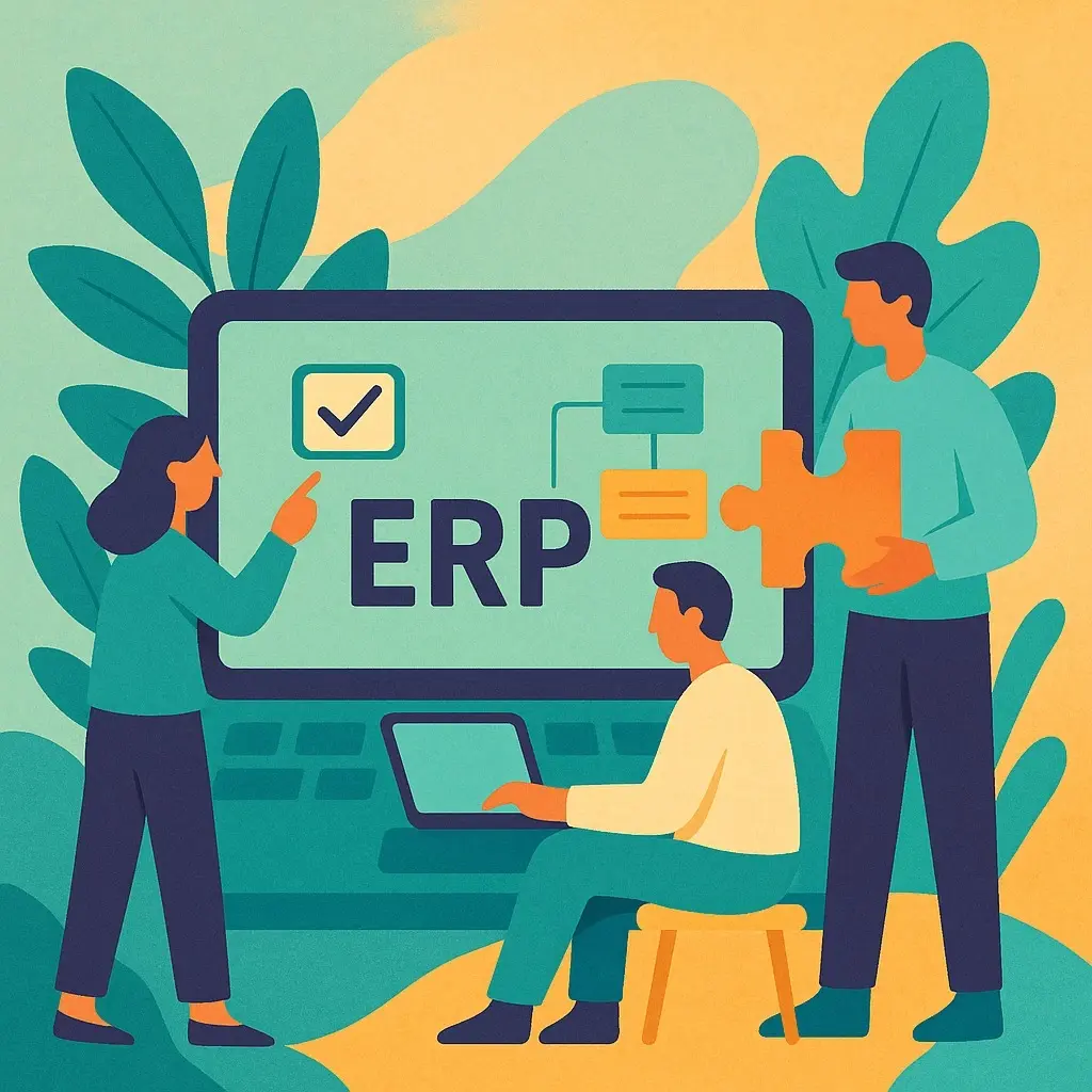 Ilustración de equipo colaborando en implementación estratégica de Odoo ERP/CRM, mostrando personalización y optimización de software empresarial por Apoyotek Software.