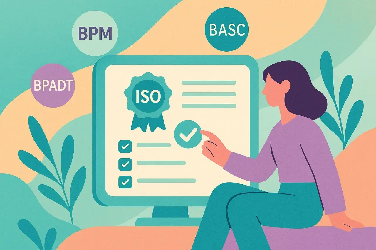 Ilustración de persona gestionando certificaciones ISO, BPM, BPADT y BASC en pantalla, representando la integración de Odoo para sistemas de gestión de calidad en empresas por Apoyotek Software. 