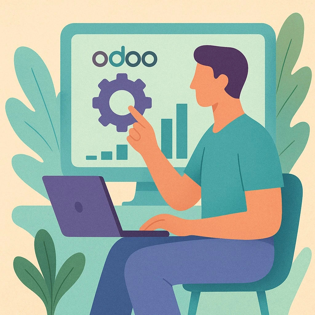 Ilustración de equipo colaborando en optimización de procesos de negocio con Odoo, maximizando rendimiento y productividad de la empresa con Apoyotek Software.
