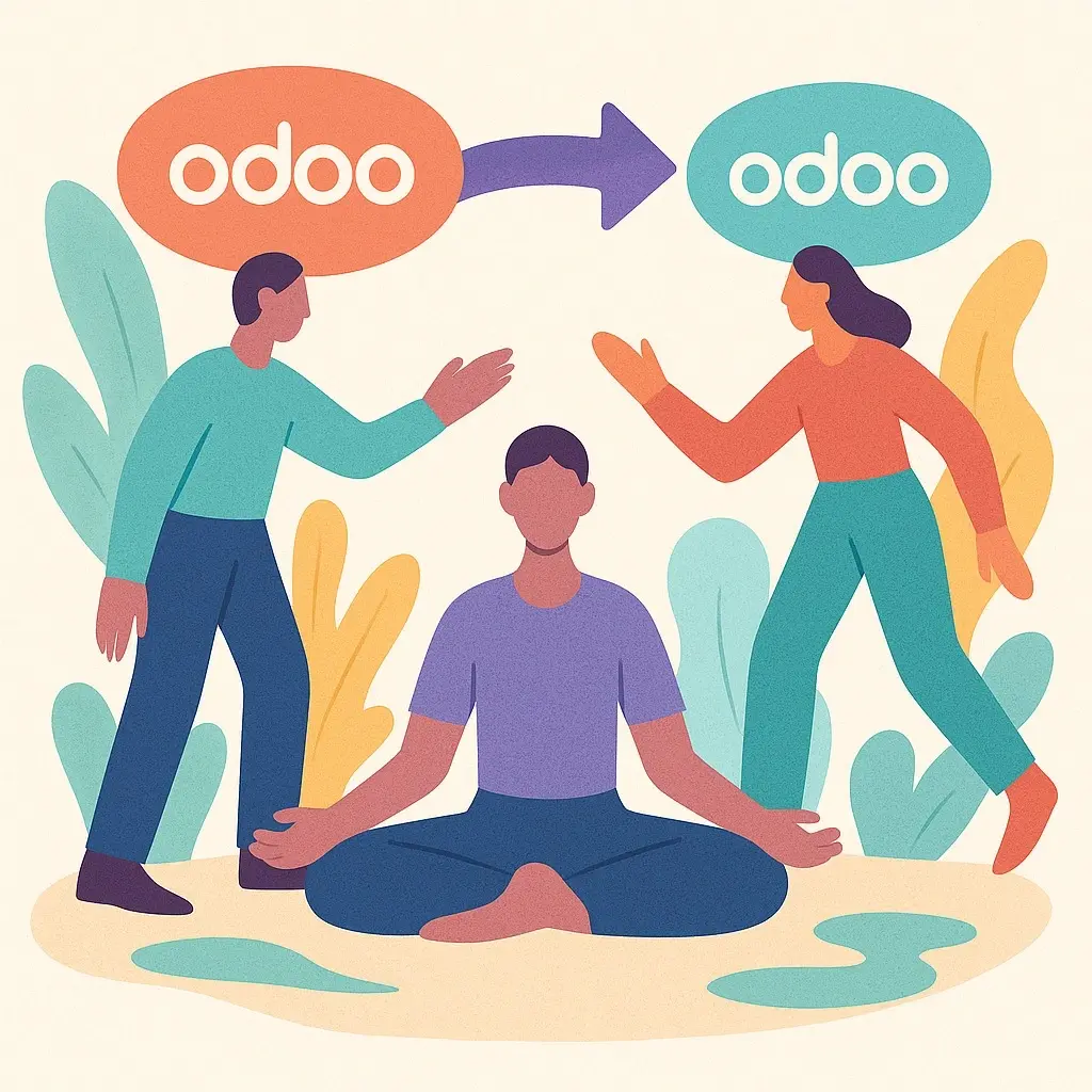 Ilustración de personas y flecha de transición representando soporte integral y migración segura de versiones Odoo, sin pérdida de datos, por Apoyotek Software.