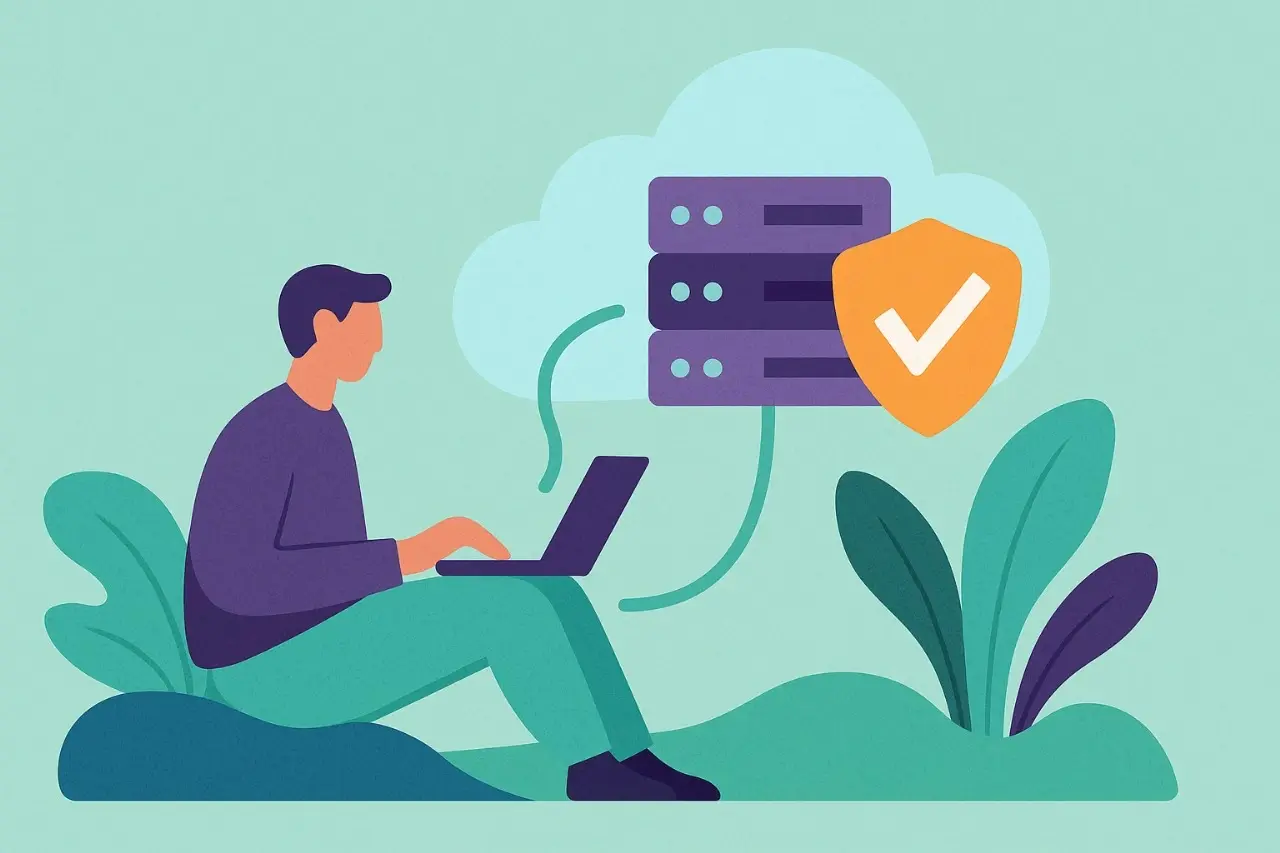 Ilustración de persona trabajando en laptop con servidores cloud y escudo de seguridad, representando el soporte profesional y garantía de rendimiento para infraestructura en la nube de Apoyotek Software.
