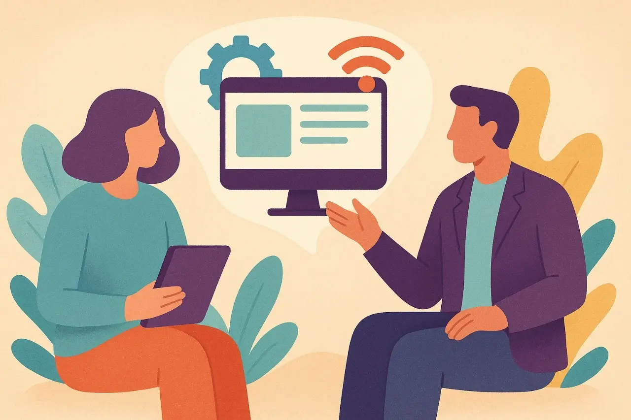 Ilustración de consultores de Apoyotek Software brindando asesoría informática y TIC a PYMES, mostrando estrategia tecnológica y digitalización.