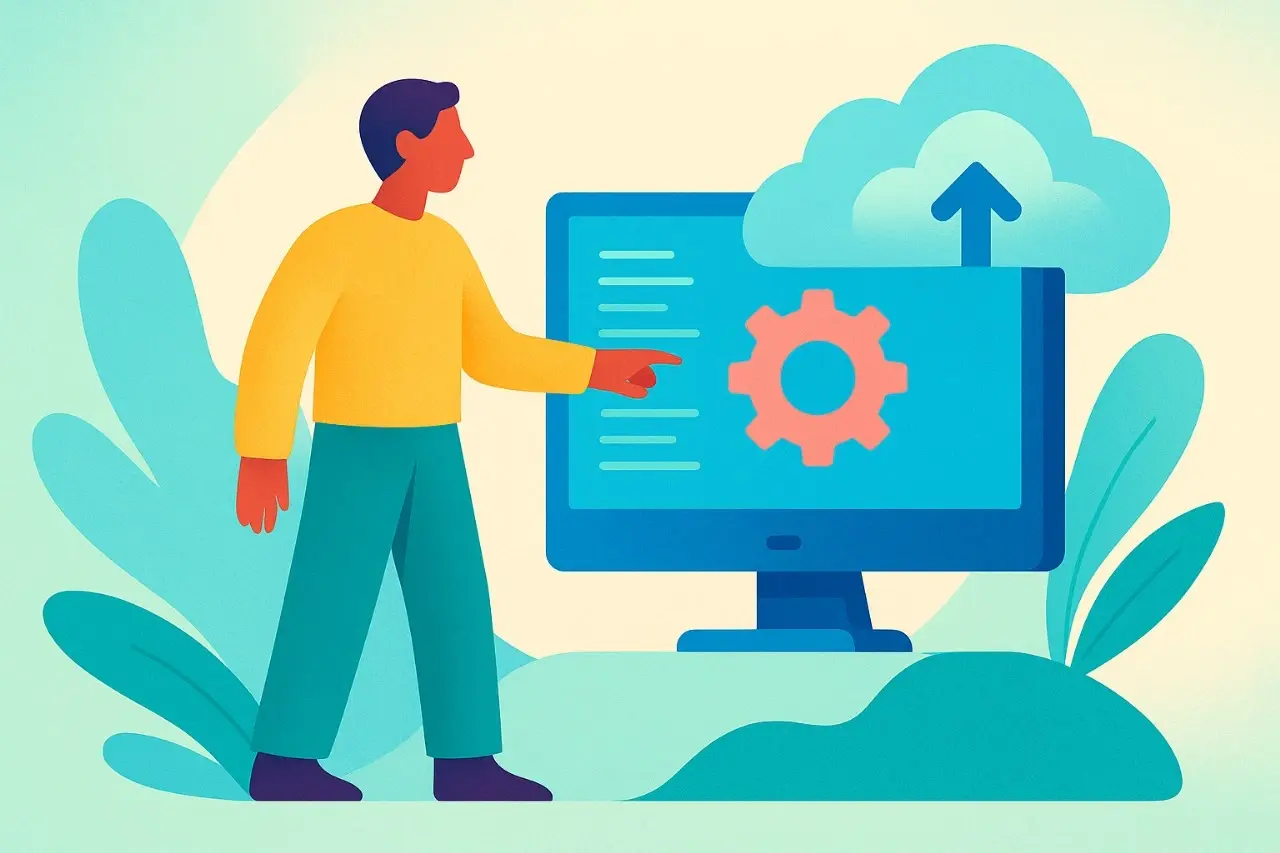 Ilustración de un experto de Apoyotek Software configurando soluciones Odoo ERP en la nube, optimizando sistemas para la transformación digital de PYMES.