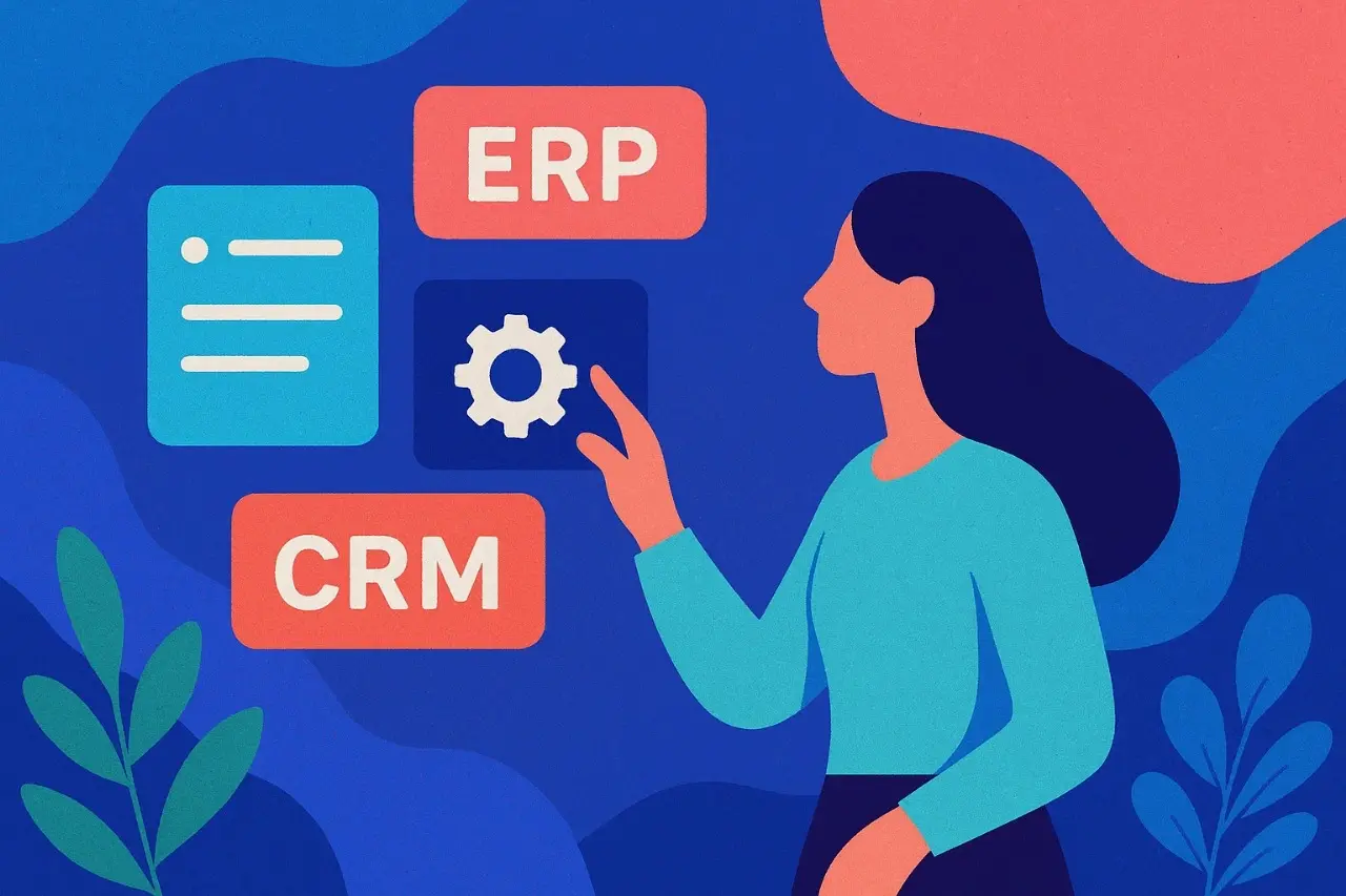 Ilustración de una persona interactuando con módulos Odoo ERP y CRM, representando la integración y personalización de software para empresas por Apoyotek.