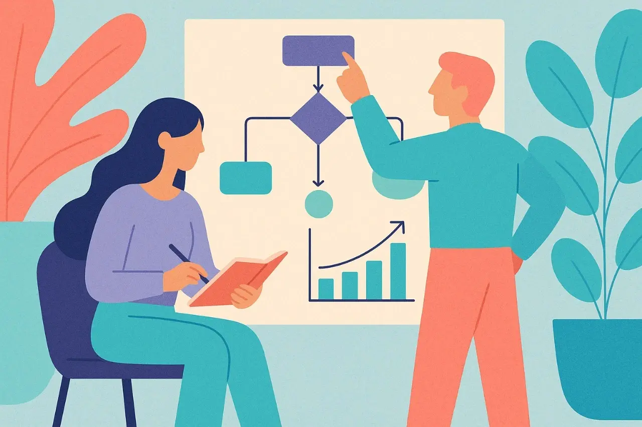 Ilustración de consultores de Apoyotek Software analizando diagramas de flujo y gráficos, representando asesoría y optimización de procesos para el crecimiento de PYMES