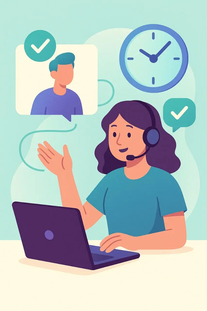 Ilustración de atención al cliente personalizada y soporte técnico para software. Apoyotek Software prioriza respuestas inmediatas y expertas para sus clientes.