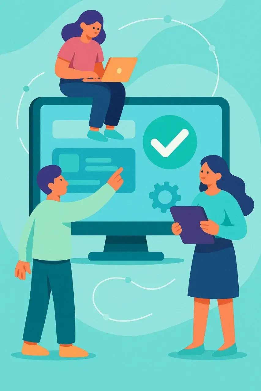 Ilustración de equipo de Apoyotek Software brindando acompañamiento integral para implementación de software. Asesoramiento en TICs y soporte post-implementación.