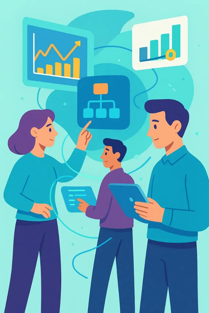 Ilustración de equipo colaborando con gráficos y diagramas digitales, representando innovación tecnológica y soluciones a prueba de futuro. Apoyotek Software ofrece soluciones que integran últimas tendencias.