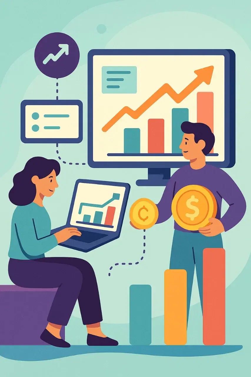 Ilustración de personas analizando gráficos de crecimiento y manejo de monedas, simbolizando enfoque en resultados y retorno de inversión. Apoyotek Software mejora eficiencia operativa y reduce costos.