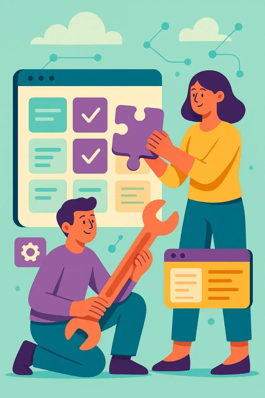 Ilustración de equipo de Apoyotek Software personalizando una solución Odoo. Representa diseño y construcción de herramientas a medida para eficiencia y competitividad empresarial.