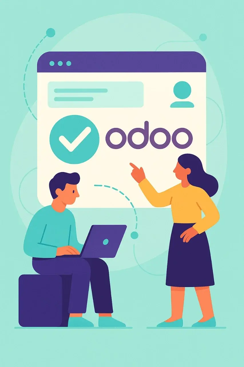 Ilustración de equipo de Apoyotek Software interactuando con la interfaz de Odoo, con un check de verificación. Representa la garantía de soporte y actualización como Odoo Partner oficial.