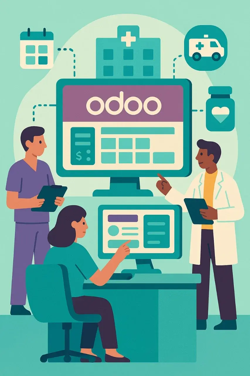 Ilustración de profesionales médicos gestionando operaciones con Odoo, cubriendo recepción, citas, UCI, quirófanos, ambulancias y farmacia para hospitales y clínicas con Apoyotek Software.