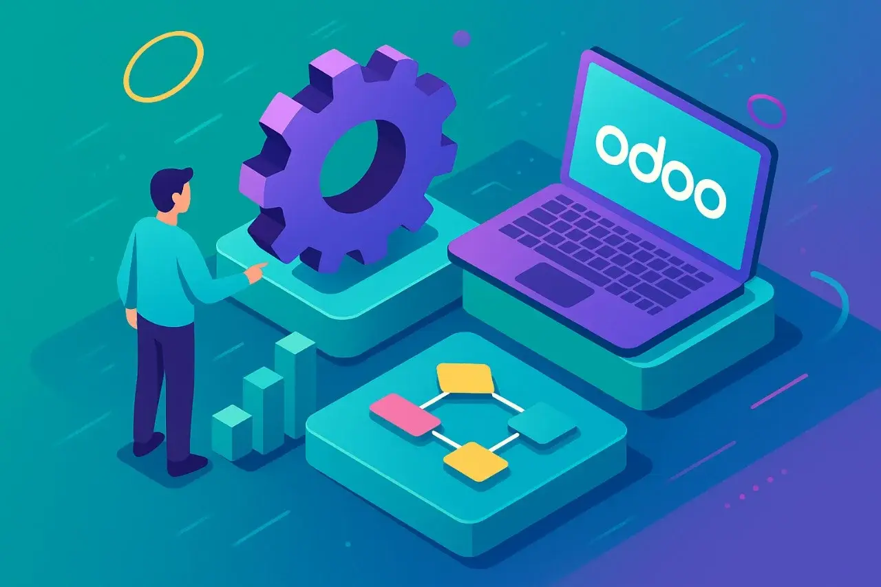Ilustración de un consultor frente a un portátil Odoo con engranajes, gráficos y diagramas de flujo, representando la optimización y automatización de procesos empresariales por Apoyotek Software.