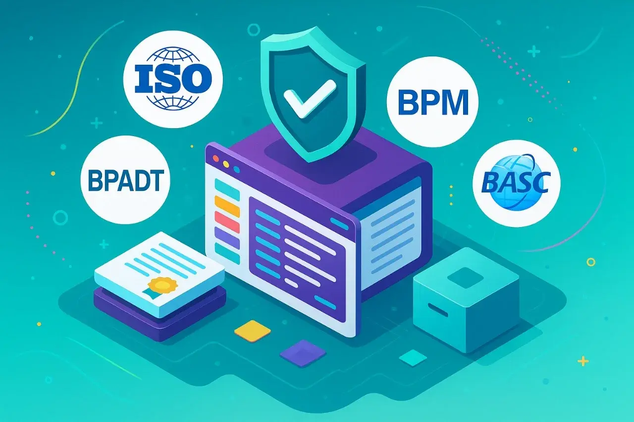Ilustración isométricaa de Odoo integrado para certificaciones empresariales, mostrando logos ISO, BPM, BPADT, BASC y un escudo de calidad, con documentos y una interfaz de software.