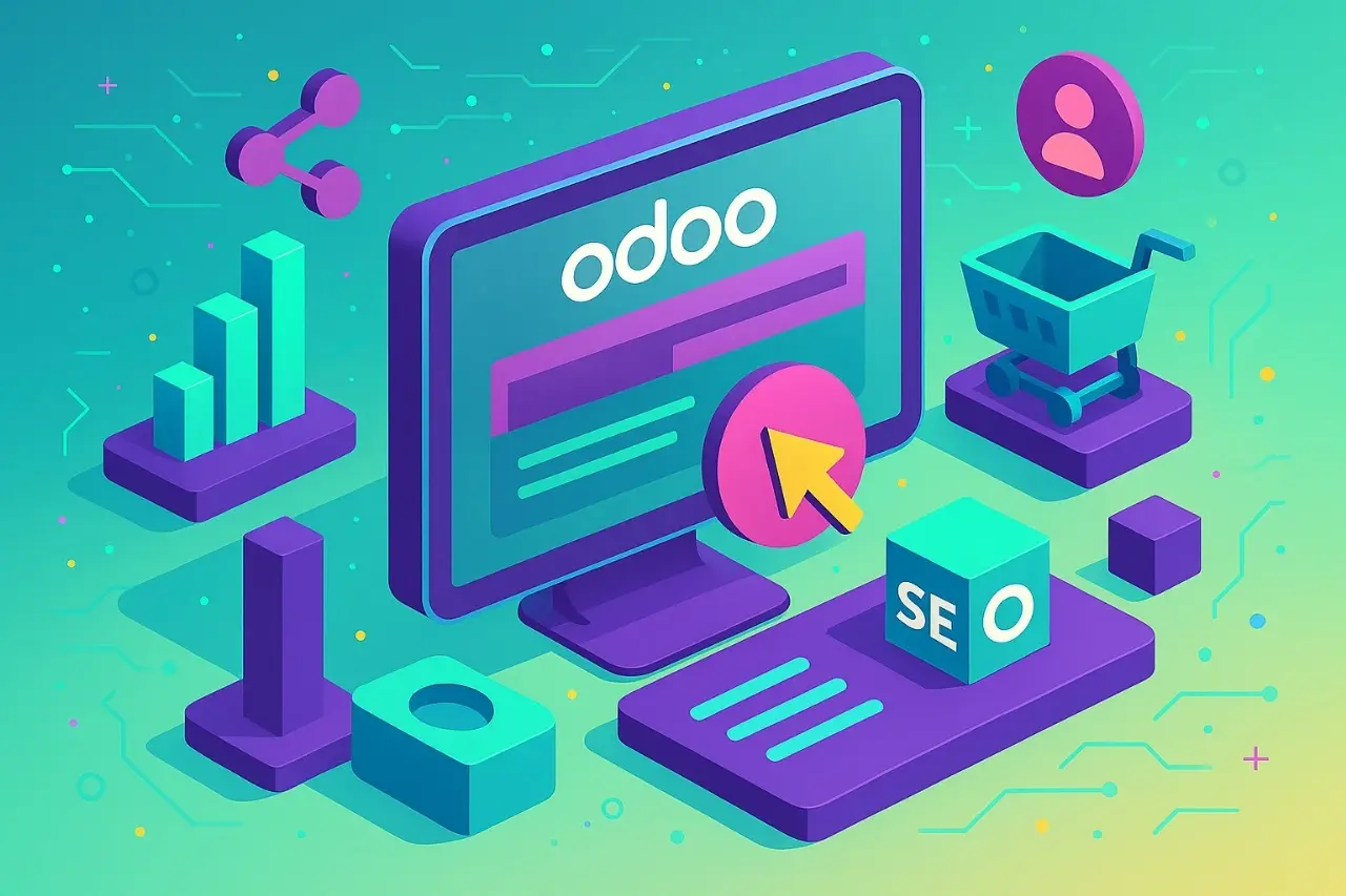  Ilustración de Apoyotek Software desarrollando sitios web con Odoo, integrando e-commerce, marketing y optimización SEO para una presencia online eficiente y gestión empresarial.