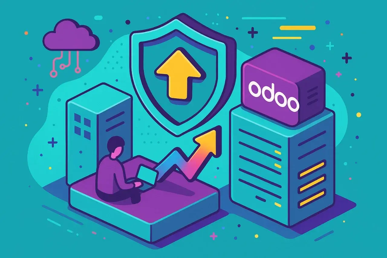  Ilustración de migración segura de Odoo y soporte en la nube por Apoyotek Software, garantizando actualización de versiones y protección de datos para tu negocio.