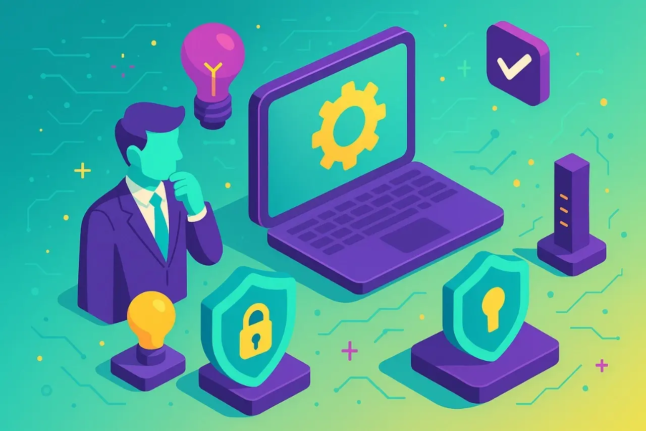  Ilustración de consultor de Apoyotek Software pensando en estrategias de asesoría informática y TIC, enfocándose en la seguridad y soluciones tecnológicas para PYMES.