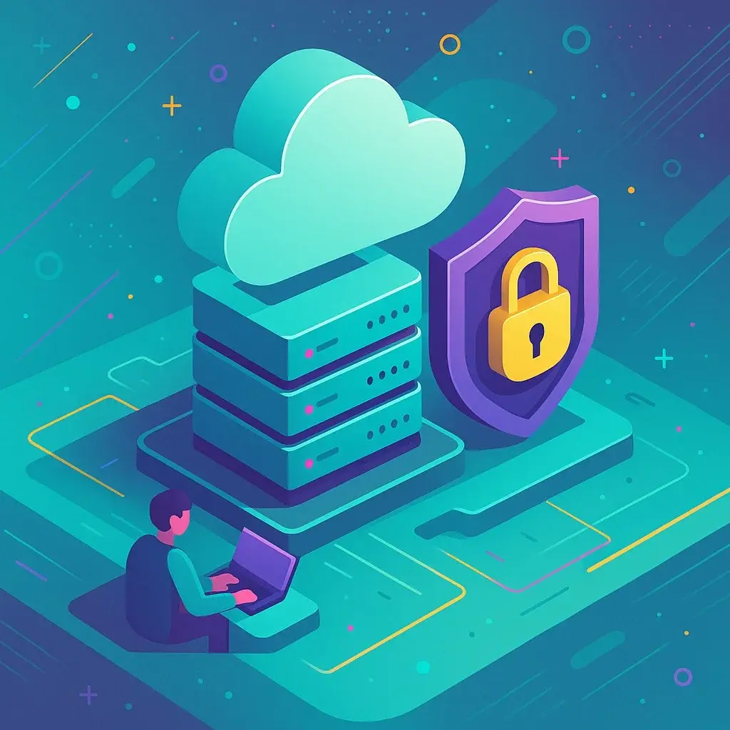  Ilustración de soporte técnico para servidores cloud con seguridad garantizada por Apoyotek Software, mostrando gestión de datos, monitoreo y protección de infraestructura en la nube.